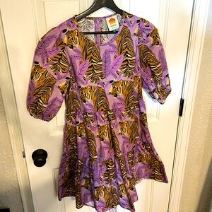 Farm Rio Lavender Tiger Leaves Puff Sleeve Mini Dress Size M